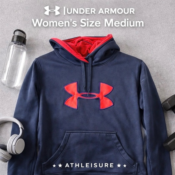 Under Armour Tops - Under Armour Hoodie Women’s Medium Navy Neon Logo Fleece Pullover
